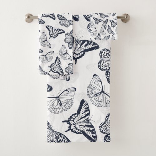 Elegant Black White Butterfly Design Bath Towel Set