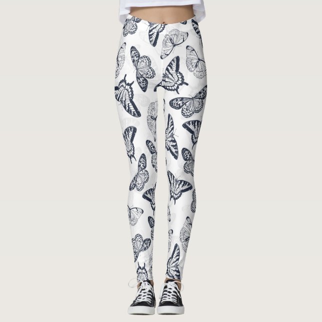 Elegant Black White Butterfly Design Leggings (Front)