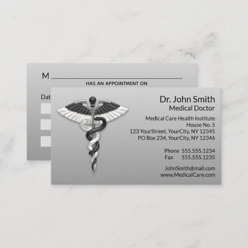 Elegant Black White Caduceus Classy Noble Medical Appointment Card