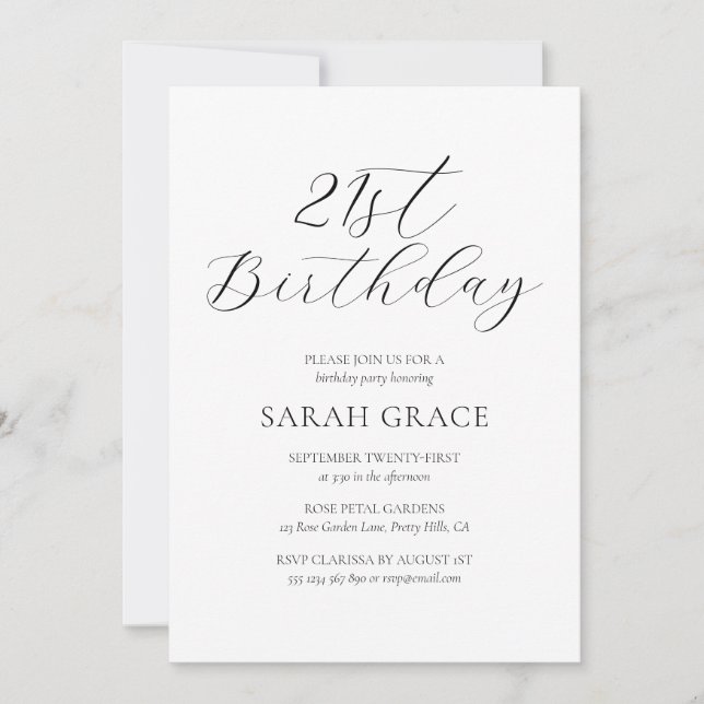 Elegant Black & White Calligraphy 21st Birthday Invitation (Front)