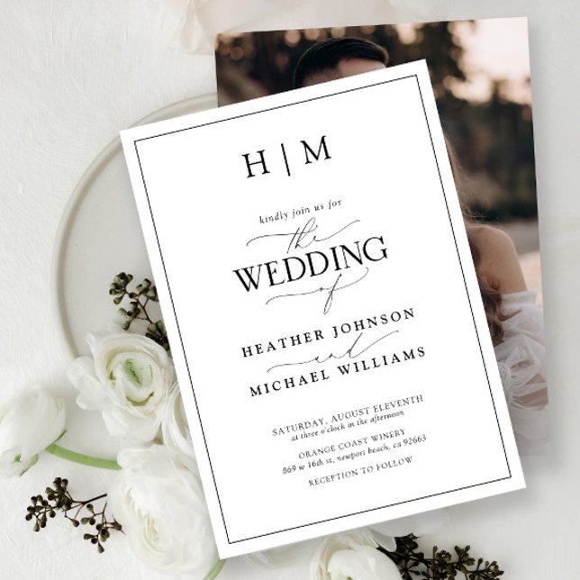 Elegant Black & White Calligraphy Monogram Photo Invitation (Wedding Invitation!)