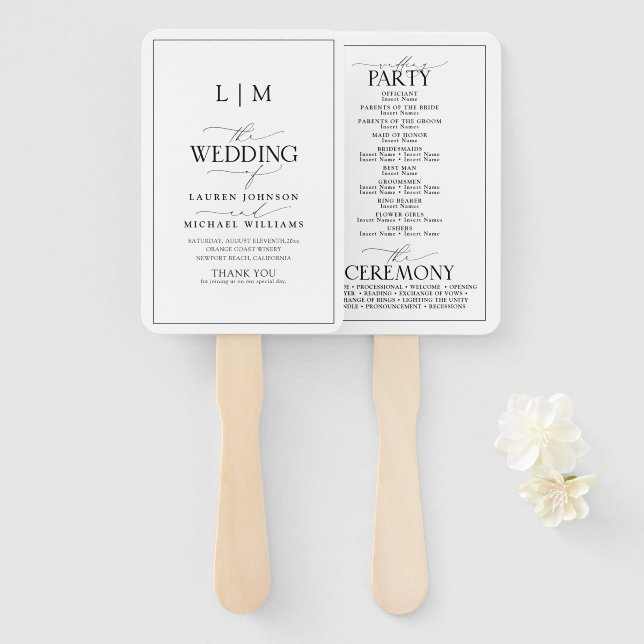Elegant Black & White Calligraphy Monogram Program Hand Fan (Front and Back)