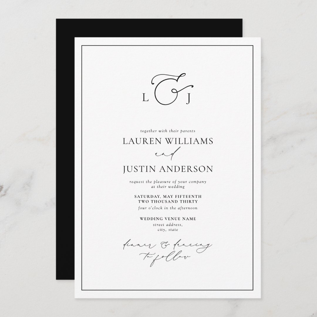 Elegant Black White Calligraphy Monogram Wedding Invitation | Zazzle