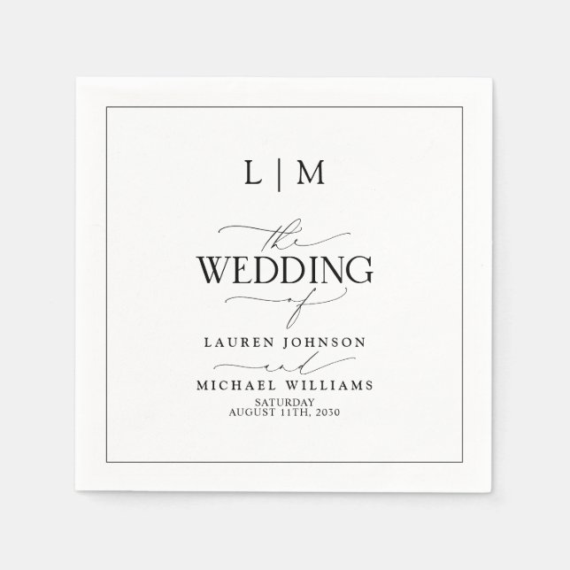 Elegant Black & White Calligraphy Monogram Wedding Napkins (Front)