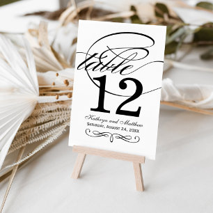 Elegant Black White Calligraphy Monogram Wedding Table Number