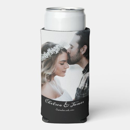 Elegant Black  White Calligraphy Photo Party  Seltzer Can Cooler