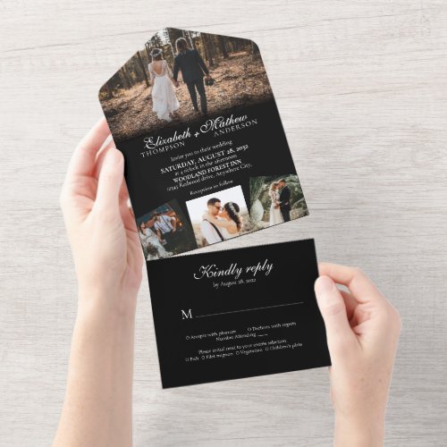 Elegant Black White Calligraphy Photo Wedding All In One Invitation