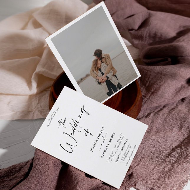 Elegant black white calligraphy photo wedding invitation (Creator Uploaded)