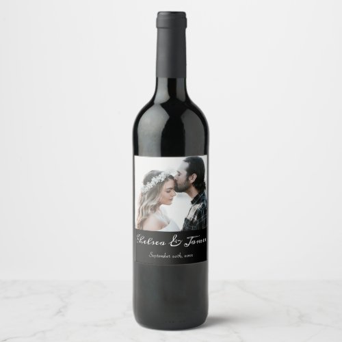 Elegant Black  White Calligraphy Photo Wedding  Wine Label