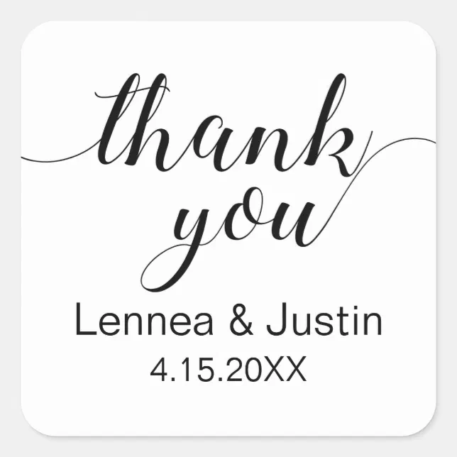Elegant Black White Calligraphy Script Thank You Square Sticker | Zazzle