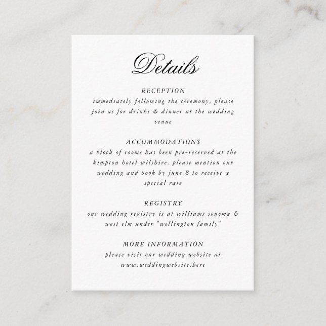 Elegant Black White Calligraphy Script Wedding Enclosure Card (Front)