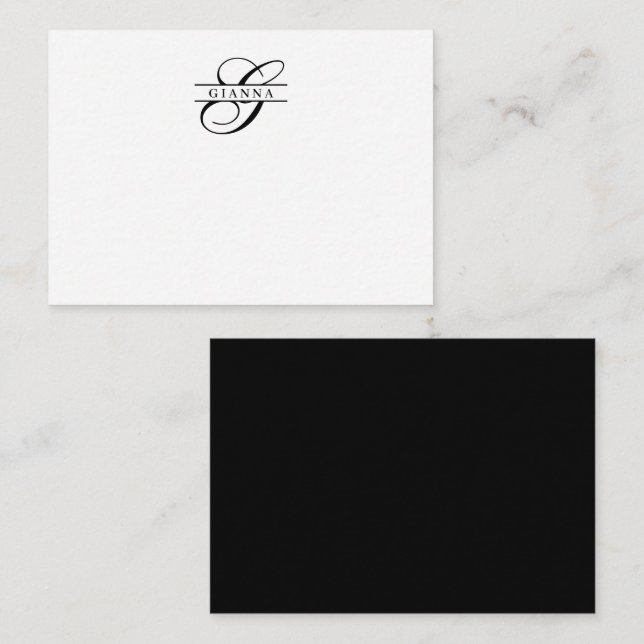 Elegant Black White Calligraphy Split Monogram Note Card (Front/Back)