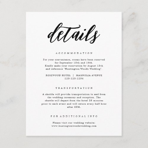 Elegant Black  White Calligraphy Wedding Details Enclosure Card