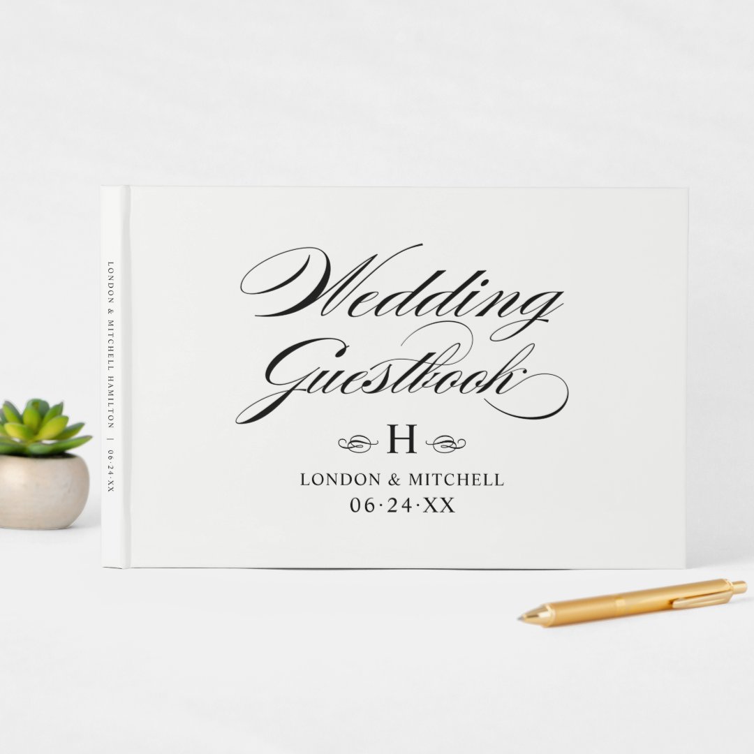 Elegant Black White Calligraphy Wedding Monogram Guest Book | Zazzle