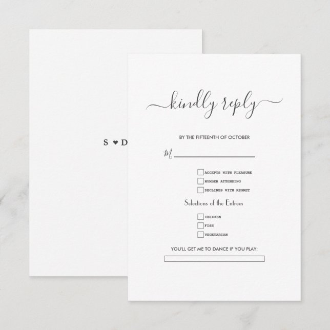 Elegant Black White Calligraphy Wedding  RSVP Card (Front/Back)