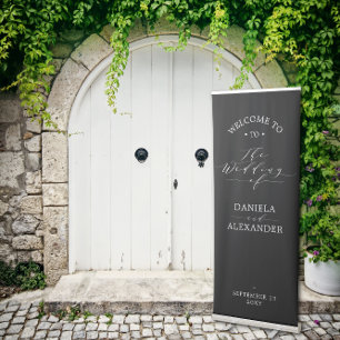 Elegant Black White Calligraphy Wedding Welcome Retractable Banner