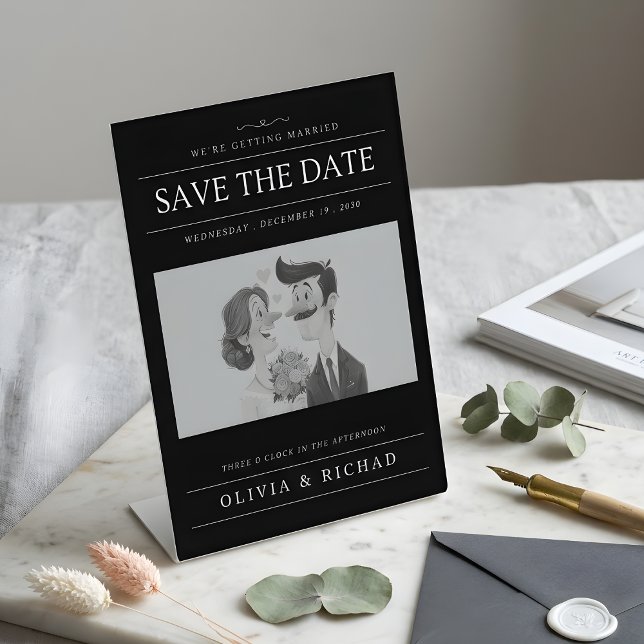 Elegant Black & White Cartoon Couple Wedding  Pedestal Sign (Creator Uploaded)