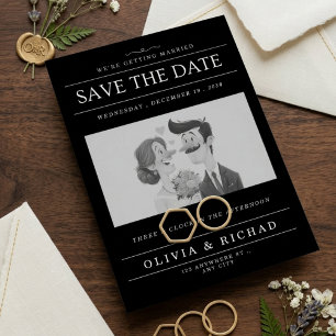 Elegant Black & White Cartoon Couple Wedding Save Invitation