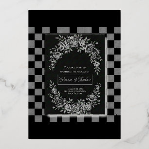 Elegant Black & White Cascading Floral Wedding Foil Invitation