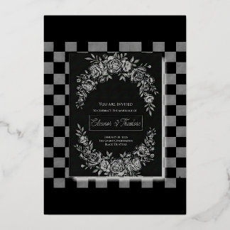 Elegant Black & White Cascading Floral Wedding Foil Invitation