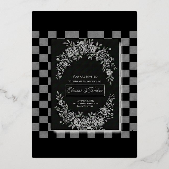 Elegant Black & White Cascading Floral Wedding Foil Invitation (Front)