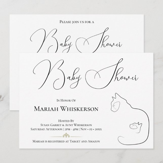Elegant Black & White Cat Lover Baby Shower Invitation (Front/Back)