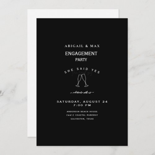Elegant Black  White Champagne Toast Engagement  Invitation