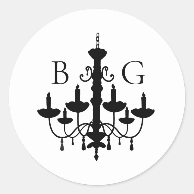 Elegant Black White Chandelier Monogram Wedding Classic Round Sticker (Front)