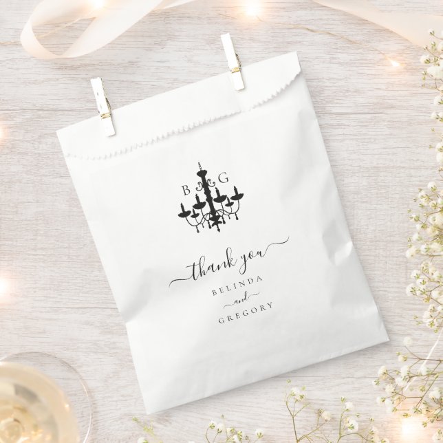 Elegant Black White Chandelier Monogram Wedding Favor Bag (Clipped)