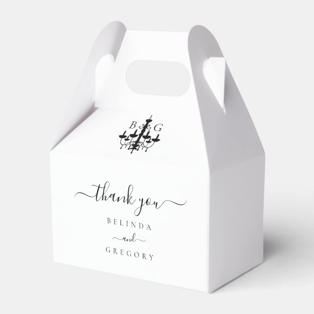 Elegant Black White Chandelier Monogram Wedding Favor Boxes (Front Side)