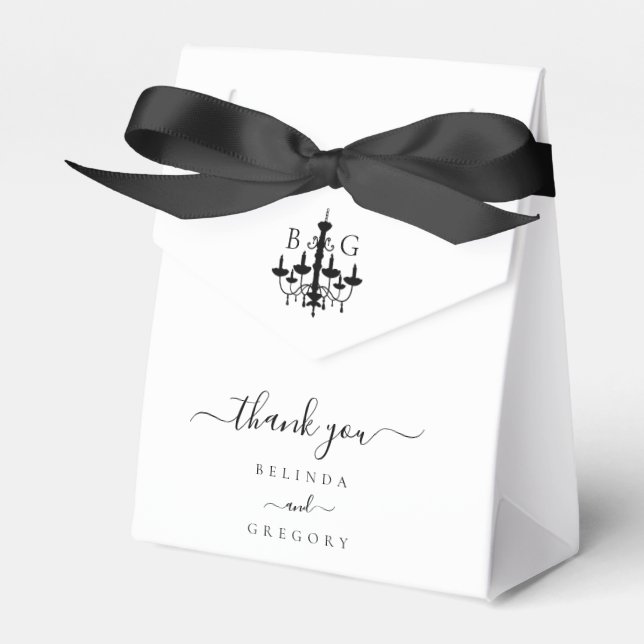 Elegant Black White Chandelier Monogram Wedding Favor Boxes (Front Side)