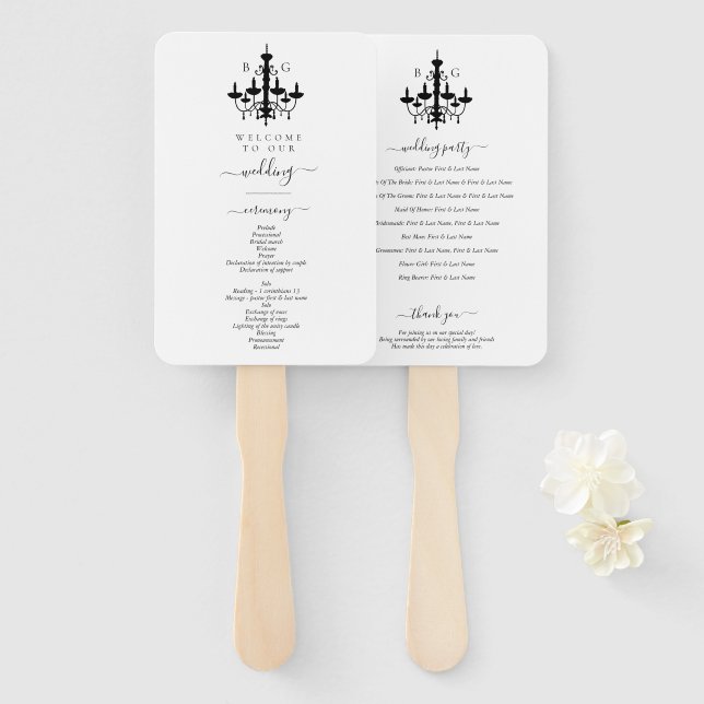 Elegant Black White Chandelier Monogram Wedding Hand Fan (Front and Back)