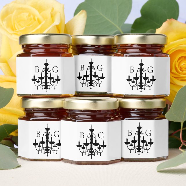 Elegant Black White Chandelier Monogram Wedding Honey Jar Favors (Insitu)