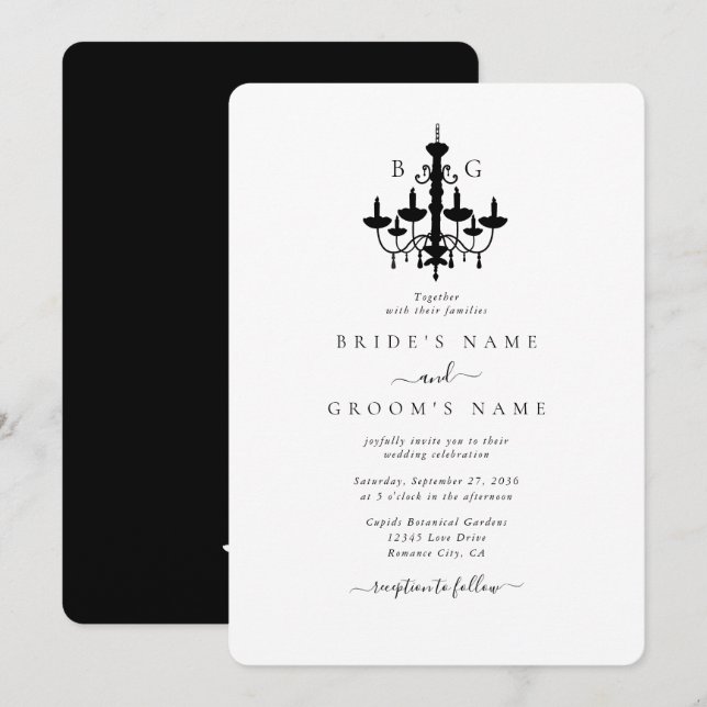 Elegant Black White Chandelier Monogram Wedding Invitation (Front/Back)