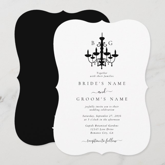 Elegant Black White Chandelier Monogram Wedding Invitation (Front/Back)