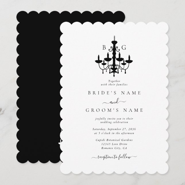 Elegant Black White Chandelier Monogram Wedding Invitation (Front/Back)