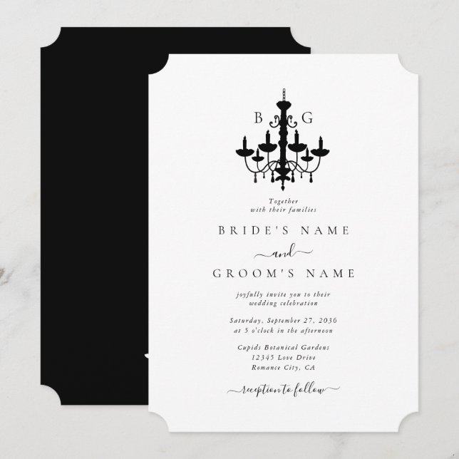 Elegant Black White Chandelier Monogram Wedding Invitation (Front/Back)