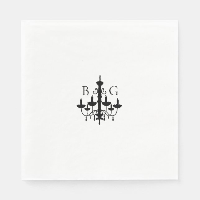 Elegant Black White Chandelier Monogram Wedding Napkins (Front)