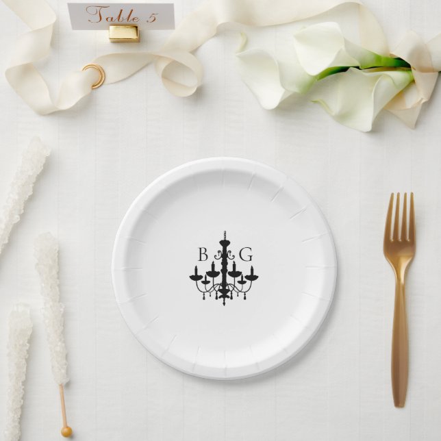Elegant Black White Chandelier Monogram Wedding Paper Plates (Wedding)