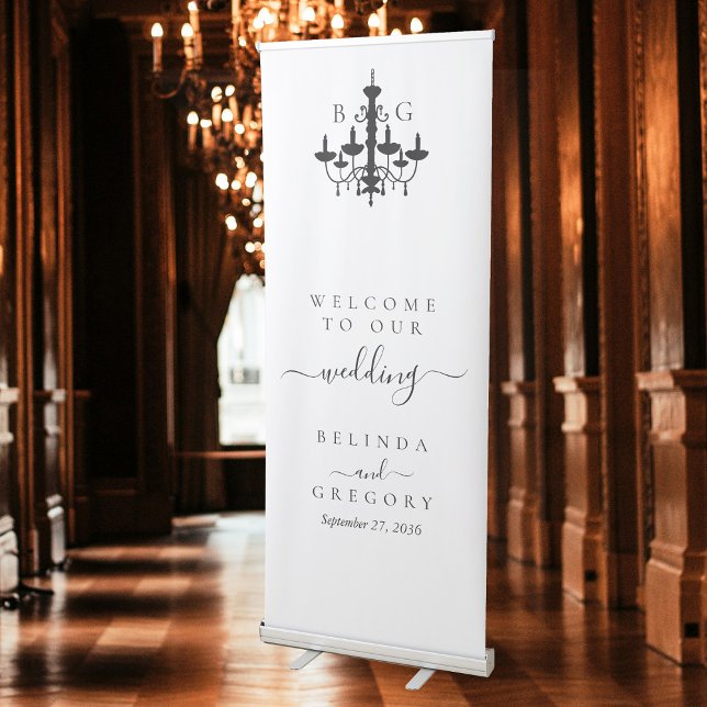 Elegant Black White Chandelier Monogram Wedding Retractable Banner (Elegant Black White Chandelier Monogram Wedding Retractable Banner)