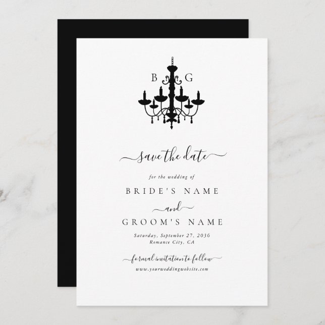 Elegant Black White Chandelier Monogram Wedding Save The Date (Front/Back)
