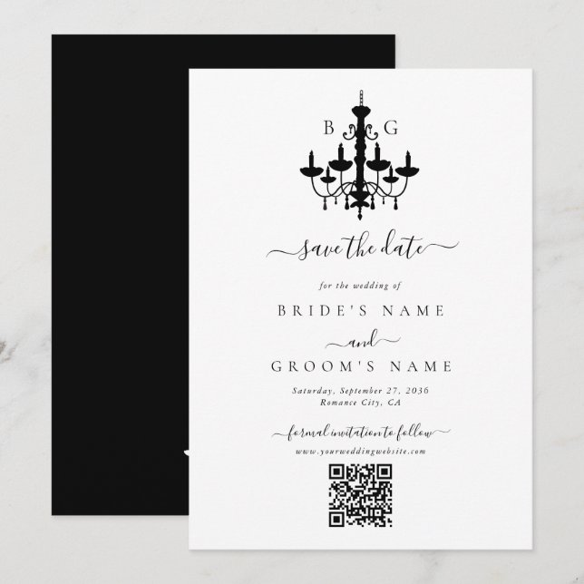 Elegant Black White Chandelier Monogram Wedding Save The Date (Front/Back)
