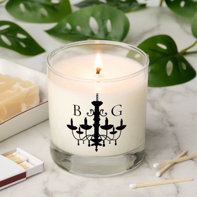 Elegant Black White Chandelier Monogram Wedding Scented Candle (Lit)