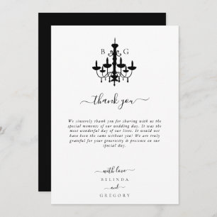 Elegant Black White Chandelier Monogram Wedding Thank You Card