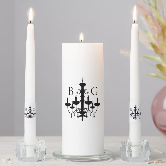 Elegant Black White Chandelier Monogram Wedding Unity Candle Set (In Situ)