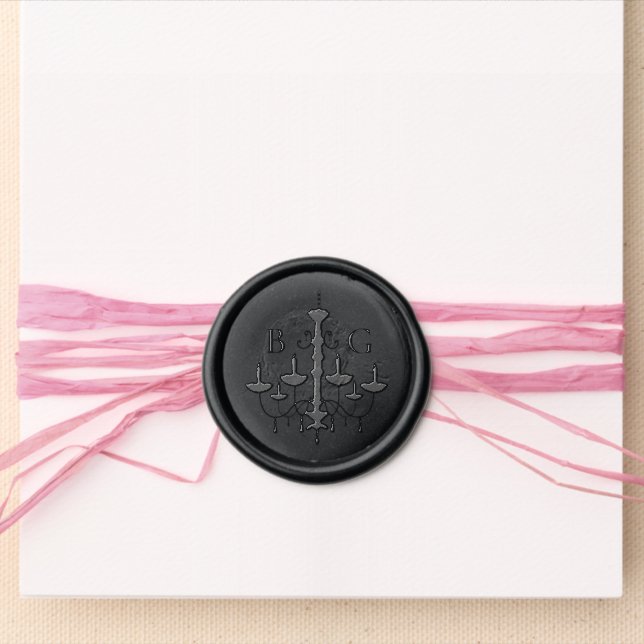 Elegant Black White Chandelier Monogram Wedding Wax Seal Sticker (Front)