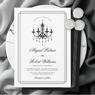 Elegant black, white chandelier Old Money wedding  Invitation