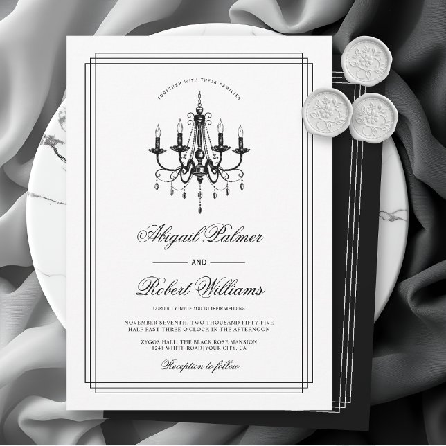 Elegant black, white chandelier Old Money wedding  Invitation (Creator Uploaded)