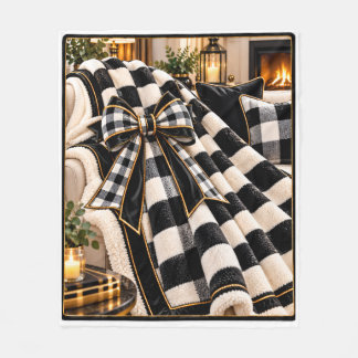 Elegant Black & White Checkerboard Gold Bow Cozy T Fleece Blanket