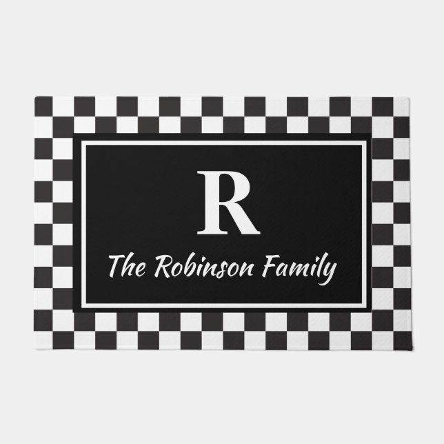 Elegant Black White Checkered Custom Monogram Doormat (Front)